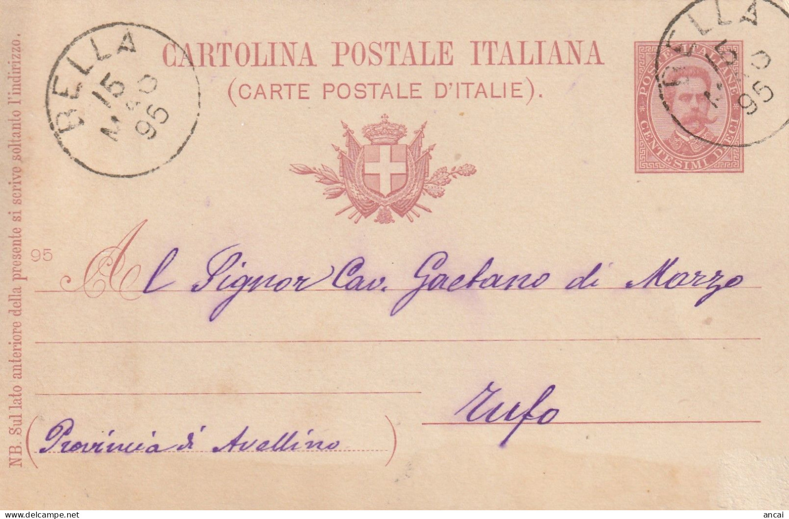 Italy. A212. BELLA.  1895. Annullo Grande Cerchio BELLA, Su Cartolina Postale - Marcofilie