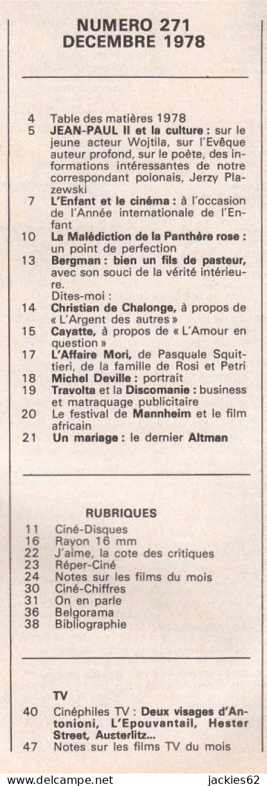 37/ AMIS DU FILM N° 270/1978, Voir Sommaire, Jean-Paul II, Bergman, Cayatte, Deville, Travolta - Kino