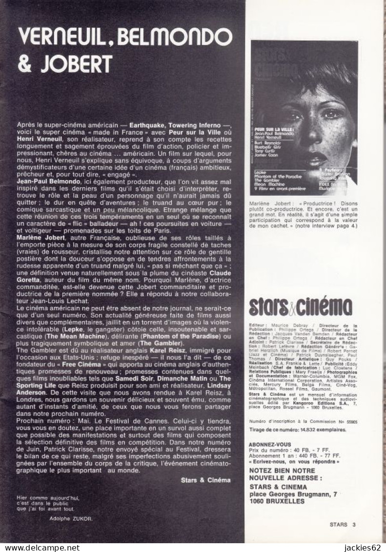 42/ STARS & CINEMA N° 4/1975, Voir Sommaire, Jobert, Verneuil, Belmondo, Bronson - Film