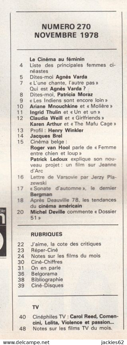 36/ AMIS DU FILM N° 270/1978, Voir Sommaire, Varda, Brel, Van Hool, Bergman, Deville - Cinema