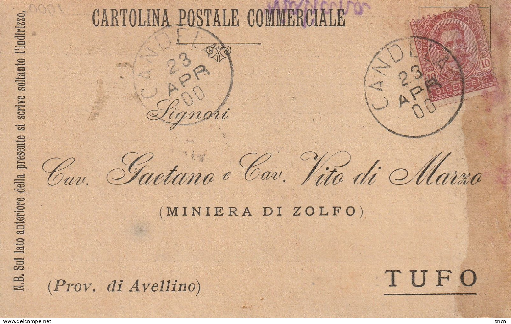 Italy. A212. Candela.  1900. Annullo Grande Cerchio CANDELA, Su Cartolina Postale Commerciale - Poststempel