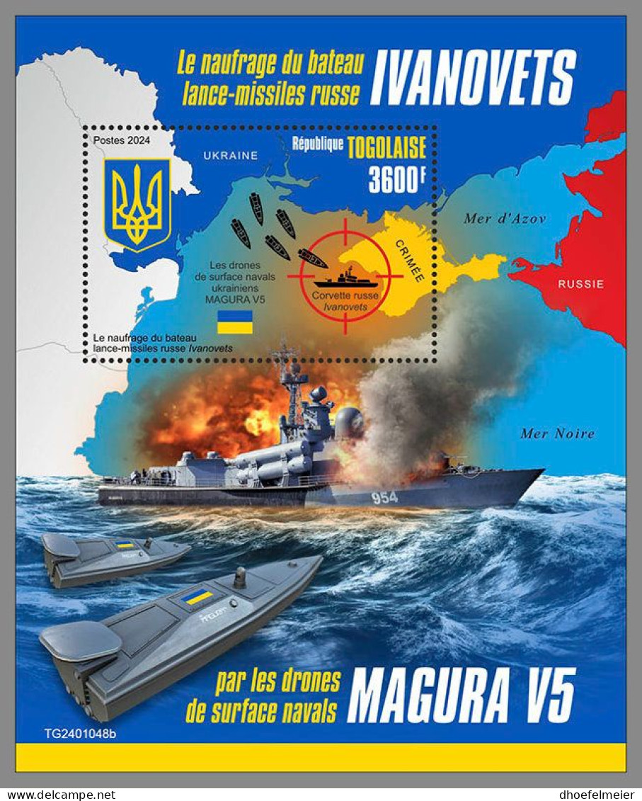 TOGO 2024 MNH Ukraine Sinking Russian Missile Boat Ivanovets S/S – OFFICIAL ISSUE – DHQ2419 - Militaria