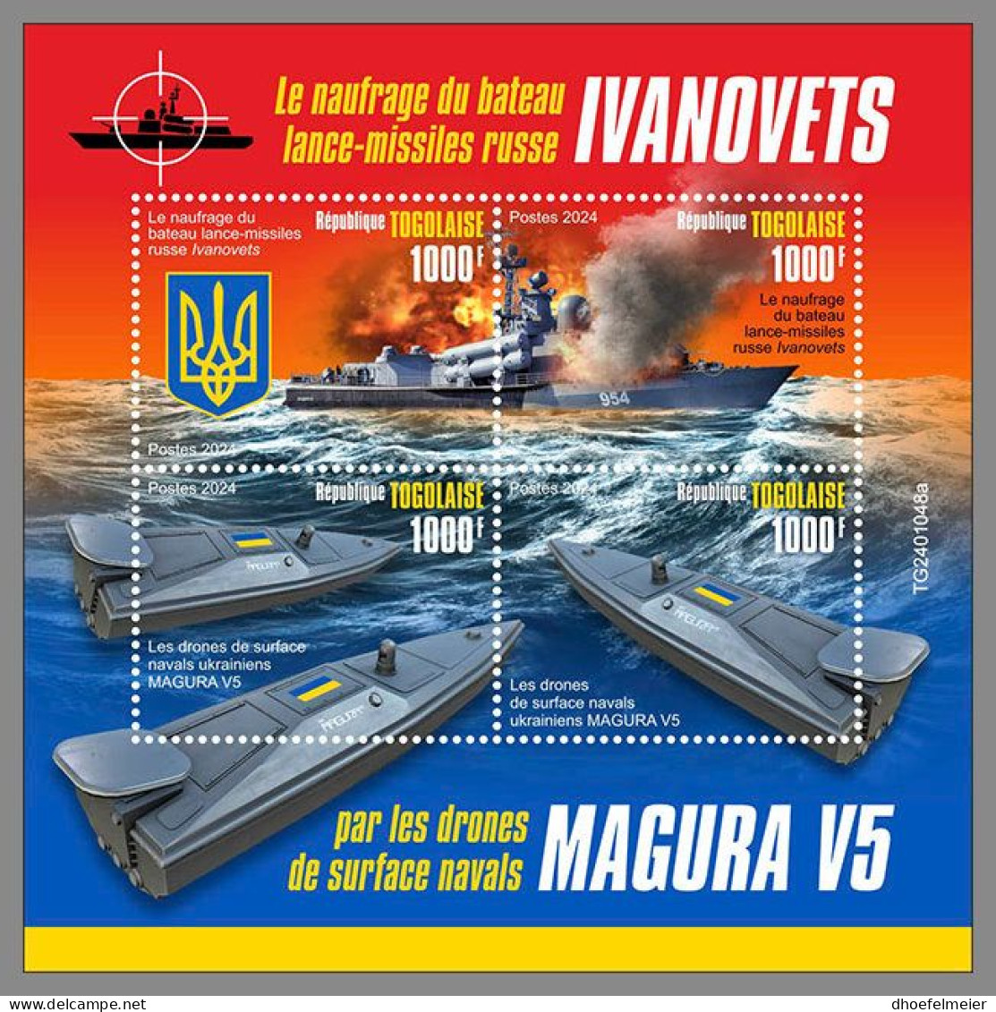 TOGO 2024 MNH Ukraine Sinking Russian Missile Boat Ivanovets M/S – OFFICIAL ISSUE – DHQ2419 - Militaria