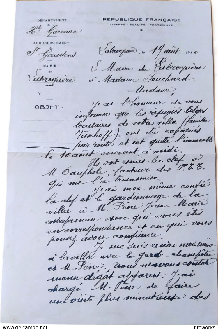 WW2 - 1940 Service Des Réfugiés Belges - Mairie De Labroquère (31) - Historical Documents