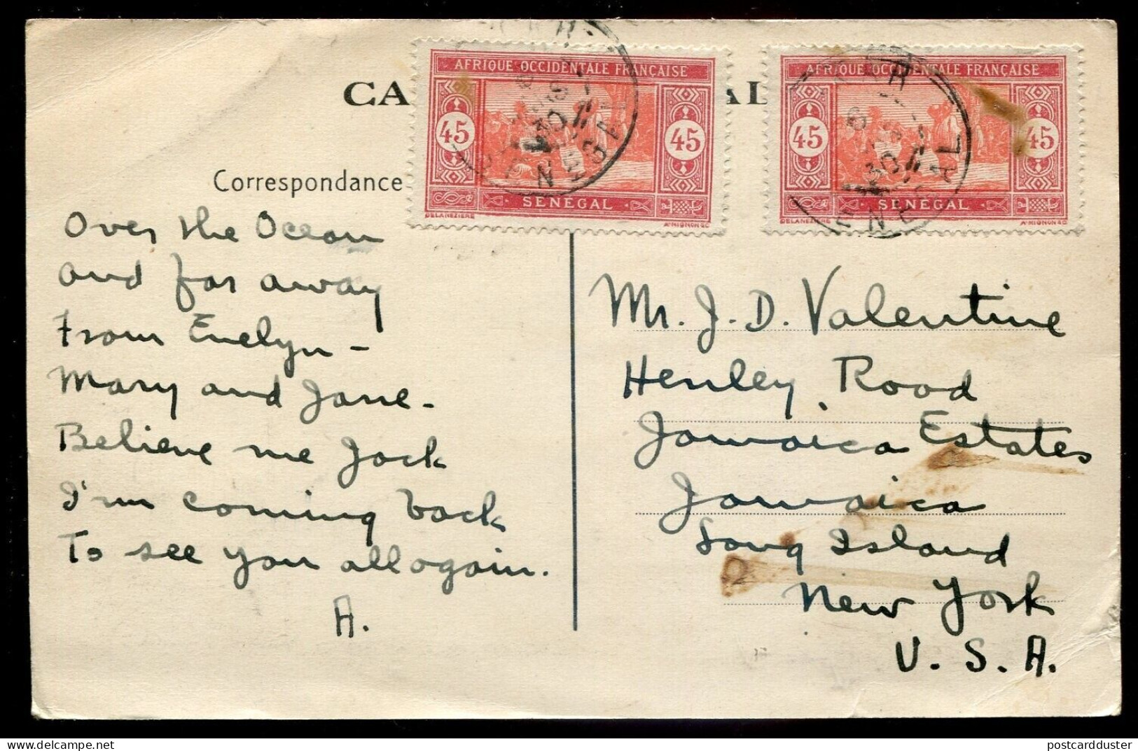 SENEGAL Dakar Postcard 1930 West Africa Waterfront Boats. Mailed To USA (h988) - Sénégal