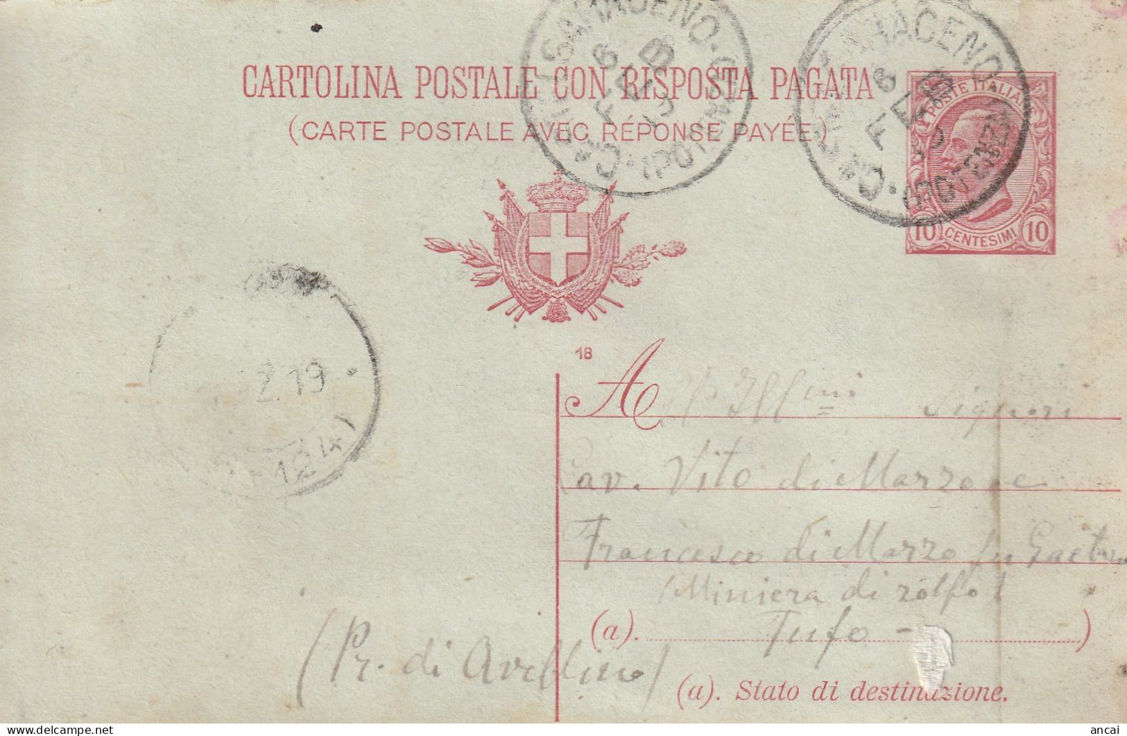 Italy. A212. Castel Saraceno.  1919. Annullo Grande Cerchio CASTEL SARACENO (POTENZA), Su Cartolina Postale - Marcofilie