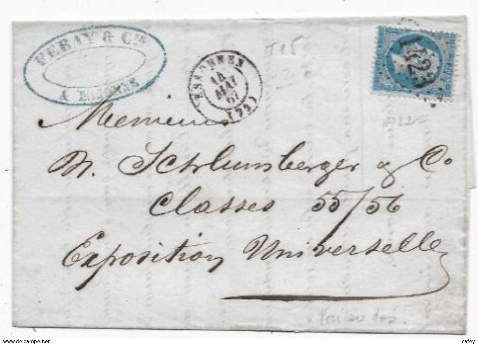 Lettre De ESSONNES 1867 Verso Rare Càd EXPOSITION UNIVERSELLE / POSTE 1867 (bien Plus Rare En Arrivé Qu'au Départ) - 1849-1876: Période Classique