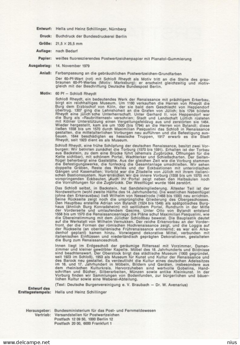 Germany Deutschland 1979-23 Burgen Und Schlosser, Rheydt, First Day Sheet, Canceled In Bonn - 1974-1980
