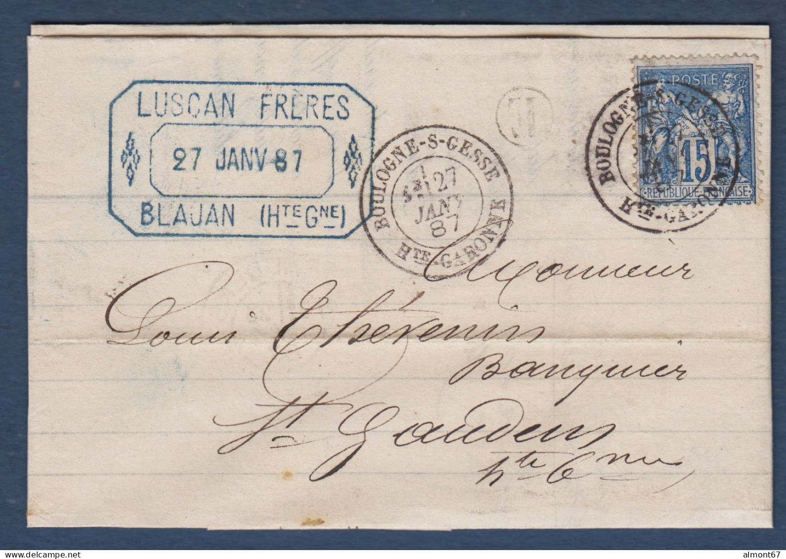 Haute Garonne - Cachet BOULOGNE S GESSE + E De BLAJAN  Sur Lettre Avec 15c Sage - 1877-1920: Semi Modern Period
