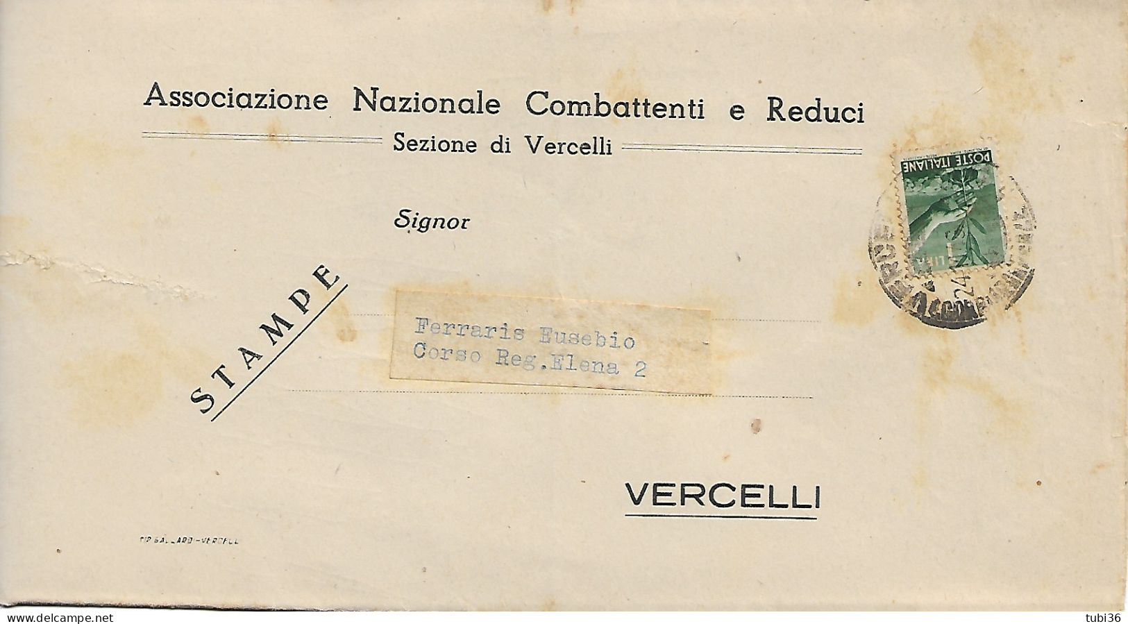 STORIA POSTALE-DEMOCRATICA £.1 (s550),ISOLATO TARIFFA STAMPE,1946-ASSOCIAZIONE NAZIONALE COMBATTENTI E REDUCI-VERCELLI- - 1946-60: Poststempel