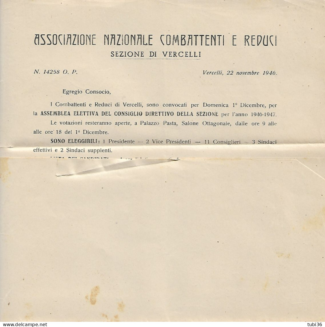 STORIA POSTALE-DEMOCRATICA £.1 (s550),ISOLATO TARIFFA STAMPE,1946-ASSOCIAZIONE NAZIONALE COMBATTENTI E REDUCI-VERCELLI- - 1946-60: Storia Postale