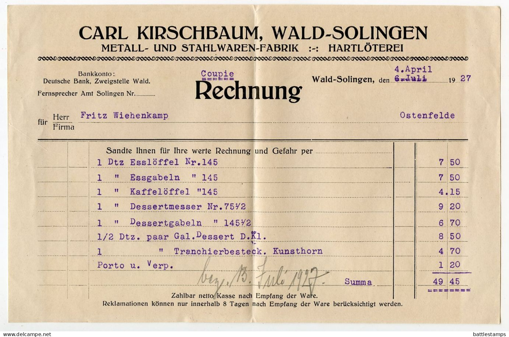 Germany 1927 Cover & Invoice; Wald (Rhineland) - Carl Kirschbaum, Metall- Und Stahlwaren-Fabrik; 5pf. Schiller, Pair - Covers & Documents