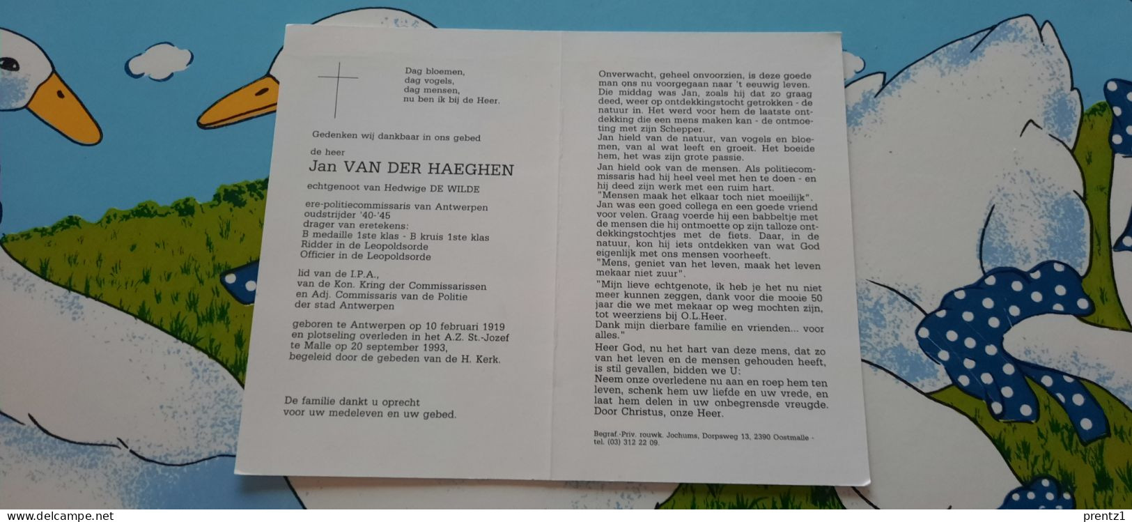 Jan Van Der Haeghen Geb.Antwerpen 10/02/1919- Getr.H. De Wilde - Politie Commissaris-Oudstrijder- Gest. Malle 20/09/1993 - Devotion Images
