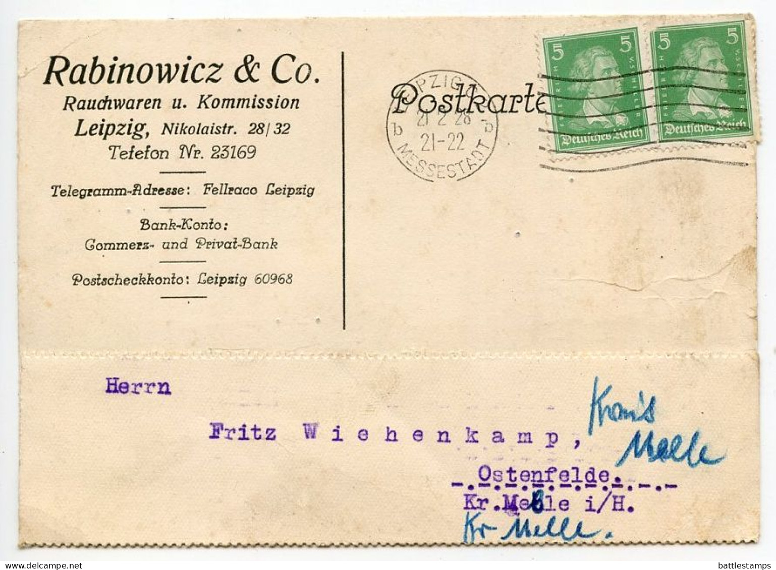 Germany 1928 Postcard; Leipzig - Rabinowicz & Co., Rauchwaren U. Kommission; 5pf. Friedrich Von Schiller X 2 - Covers & Documents