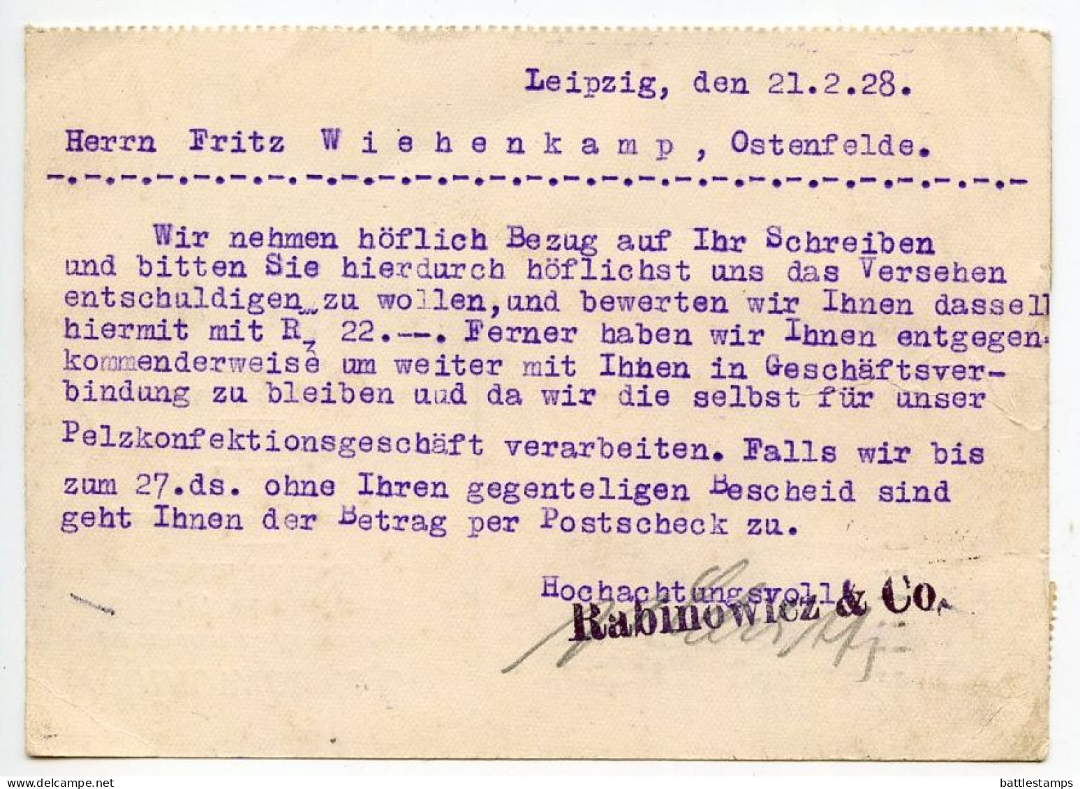 Germany 1928 Postcard; Leipzig - Rabinowicz & Co., Rauchwaren U. Kommission; 5pf. Friedrich Von Schiller X 2 - Storia Postale