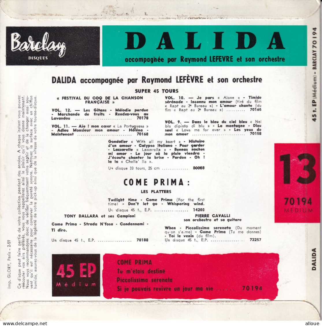 DALIDA - FR EP - COME PRIMA + 3 - Other - French Music