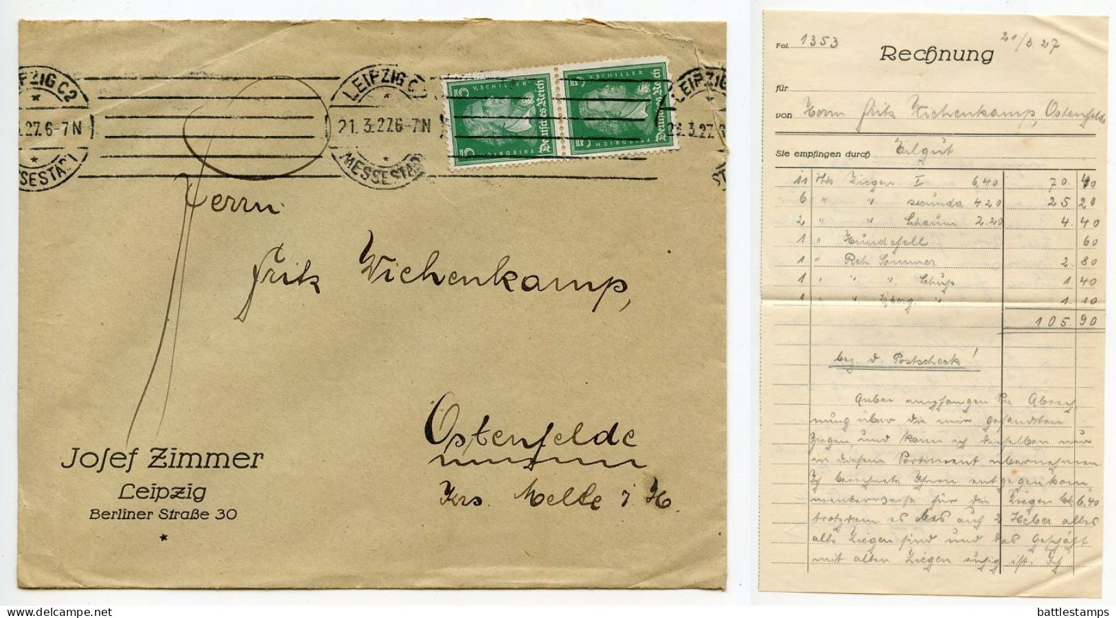 Germany 1928 Cover & Invoice; Leipzig - Josef Zimmer; 5pf. Friedrich Von Schiller, Pair - Brieven En Documenten