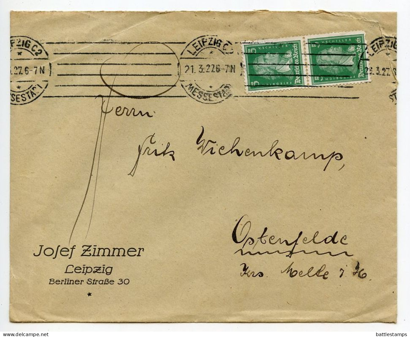 Germany 1928 Cover & Invoice; Leipzig - Josef Zimmer; 5pf. Friedrich Von Schiller, Pair - Storia Postale