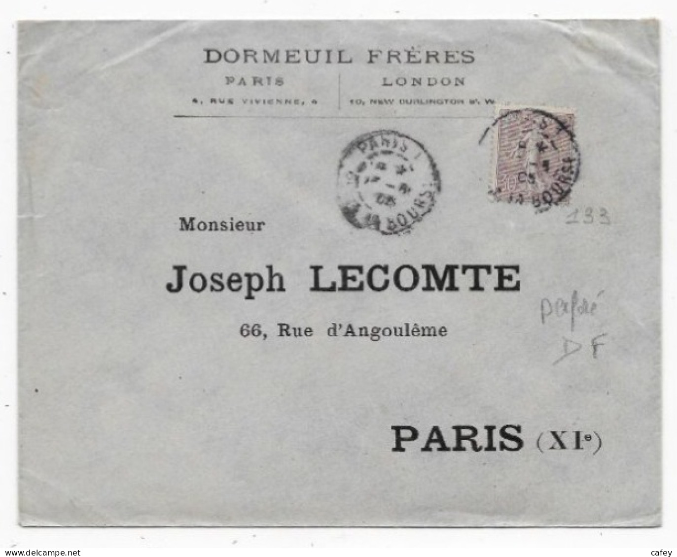 Lettre De PARIS P/ PARIS 1905 Timbre 30c SEMEUSE LIGNEE Perforé DF Entête DORMEUIL FRERES Voir Tarif - 1877-1920: Semi-Moderne