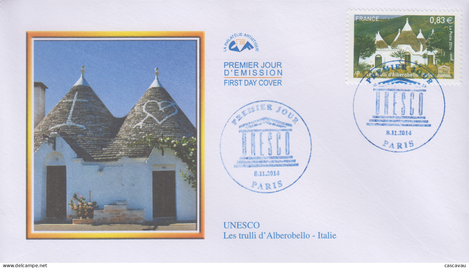 Enveloppe   FDC  1er  Jour    FRANCE    Les   TRULLI   D' ALBEROBELLO   ITALIE     UNESCO    2014 - 2010-2019