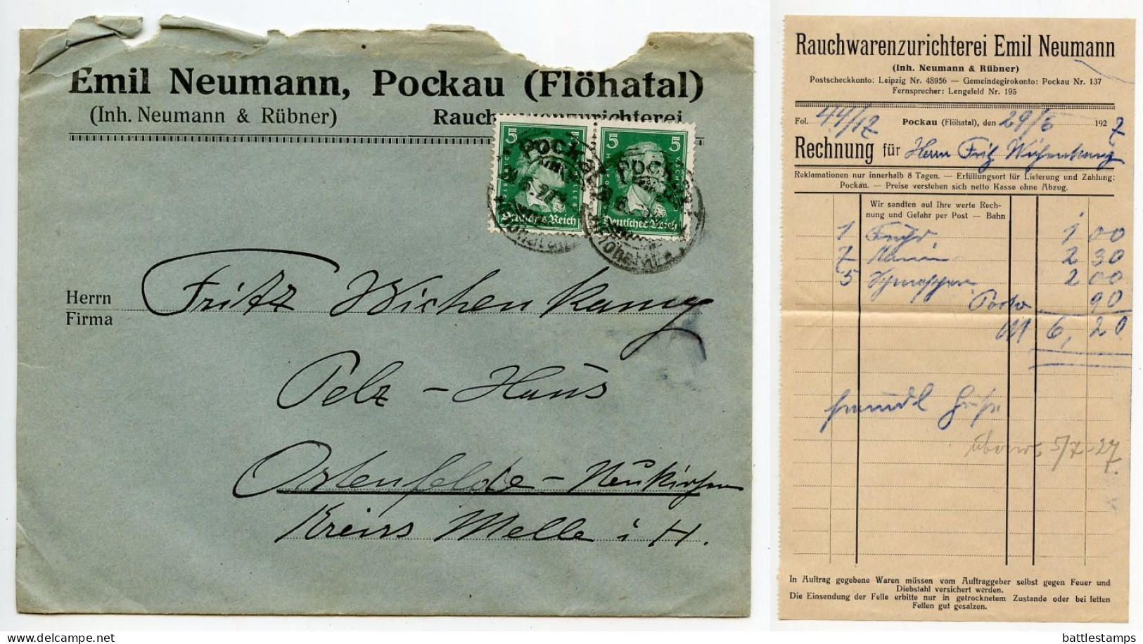 Germany 1927 Cover & Invoice; Pockau (Flöhatal) - Rauchwarenzurichterei Emil Neumann; 5pf. Friedrich Von Schiller, Pair - Storia Postale