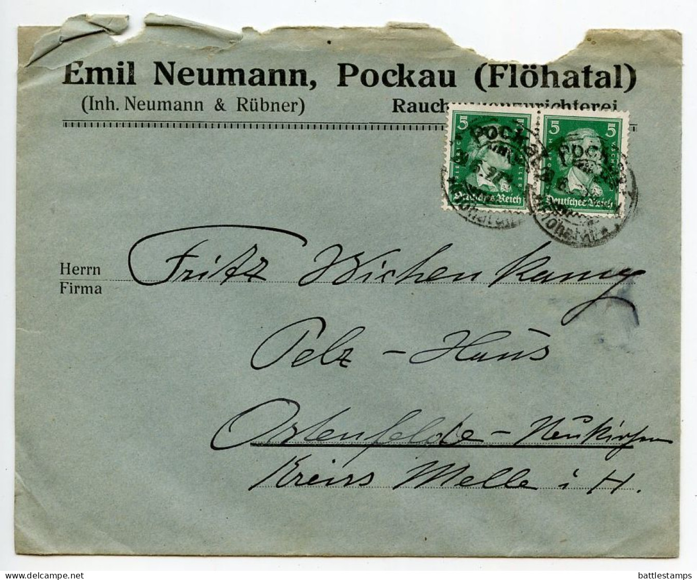 Germany 1927 Cover & Invoice; Pockau (Flöhatal) - Rauchwarenzurichterei Emil Neumann; 5pf. Friedrich Von Schiller, Pair - Storia Postale