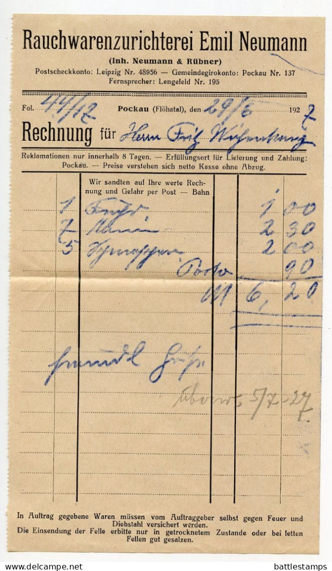 Germany 1927 Cover & Invoice; Pockau (Flöhatal) - Rauchwarenzurichterei Emil Neumann; 5pf. Friedrich Von Schiller, Pair - Brieven En Documenten