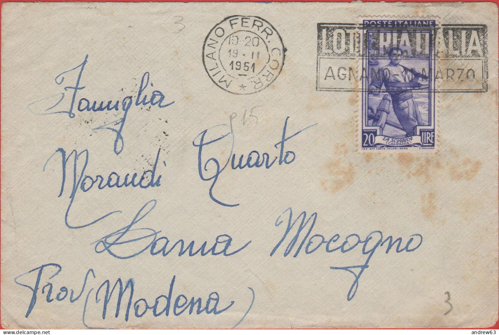 ITALIA - Storia Postale Repubblica - 1951 - 20 Italia Al Lavoro (Isolato) + Flamme Lotteria Italia - Lettera - Viaggiata - 1946-60: Poststempel