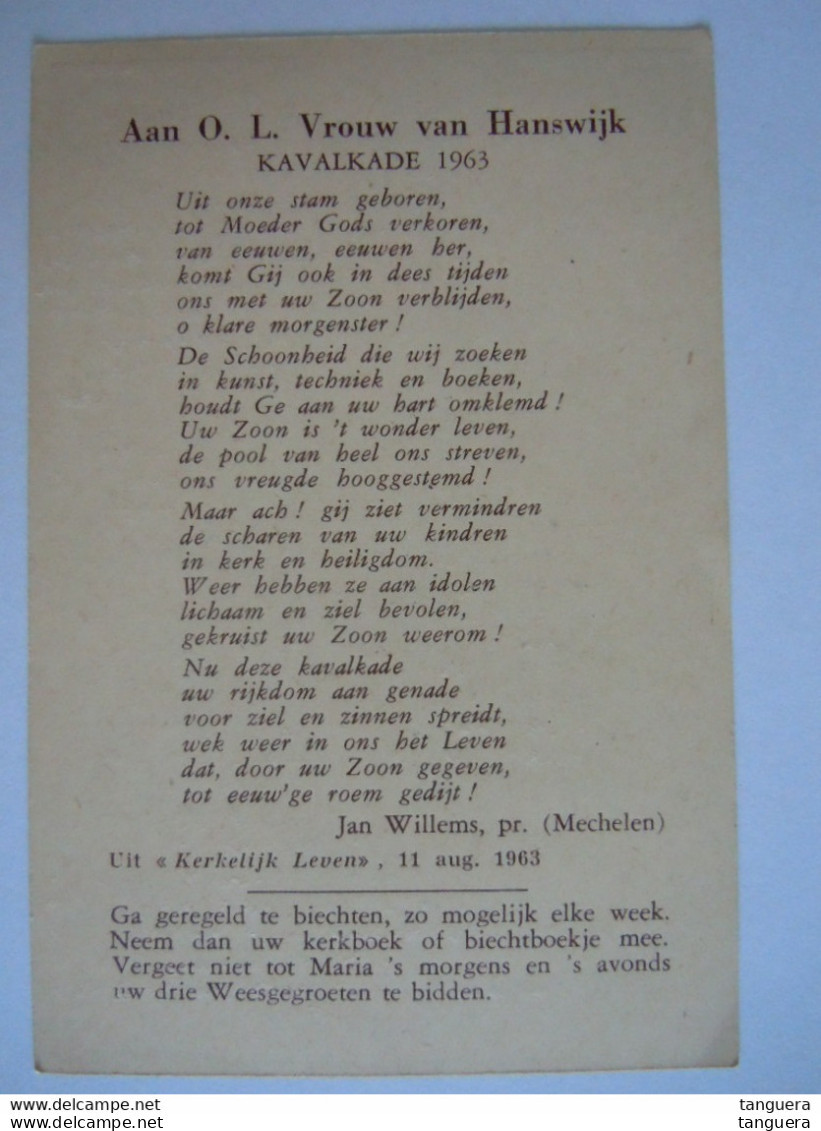 Devotieprentje Holycard Image Pieuse O.L. Vrouw Van Hanswijck Mechelen Gebed Kavalkade 1963 Litho Lombaerts-V.D.Velde - Devotion Images