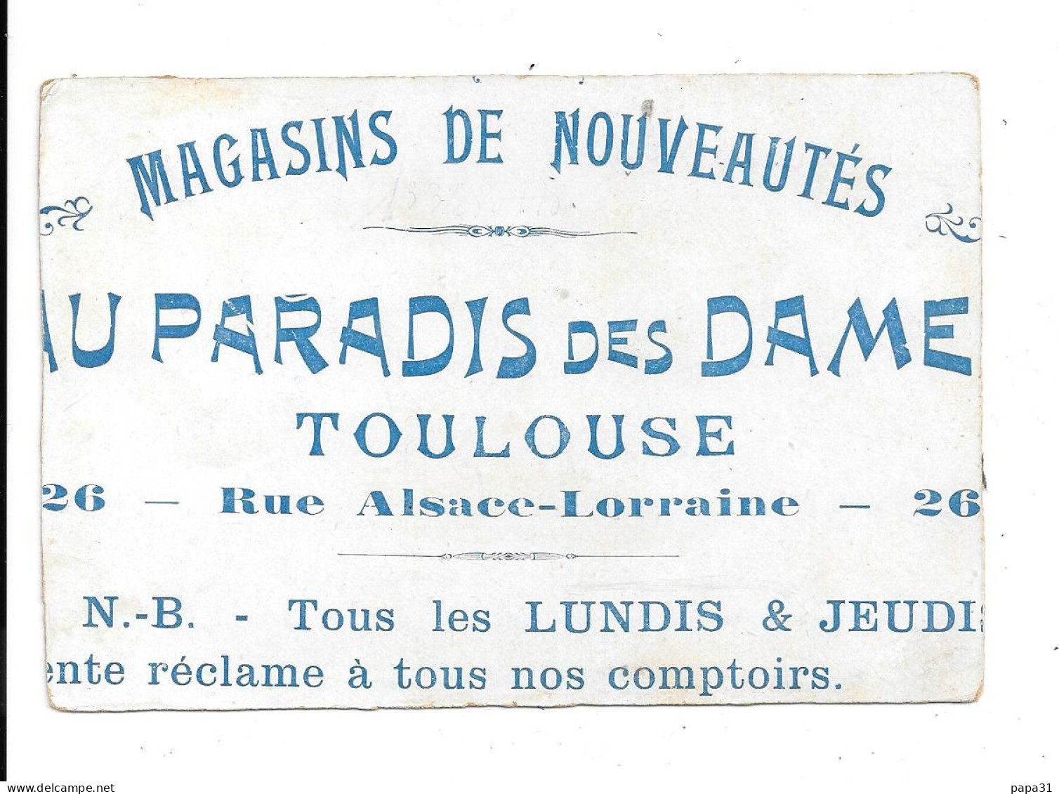 GRAND  MAGASINS DE NOUVETES  " AU PARADIS DES DAMES " TOULOUSE   Enfant "JEAN BOULANGEANT " - Publicidad