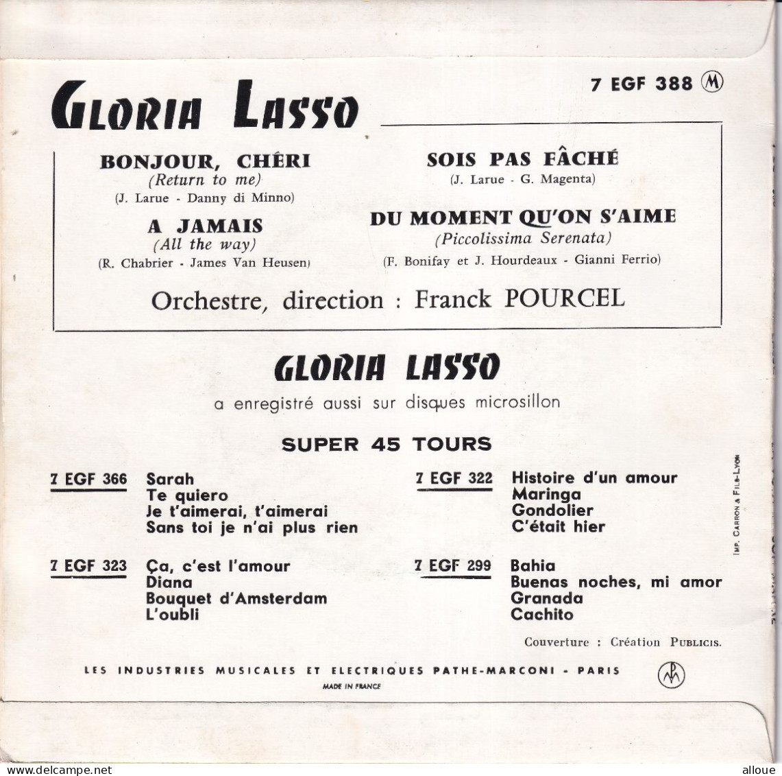 GLORIA LASSO - FR EP - BONJOUR, CHERI  + 3 - Otros - Canción Francesa
