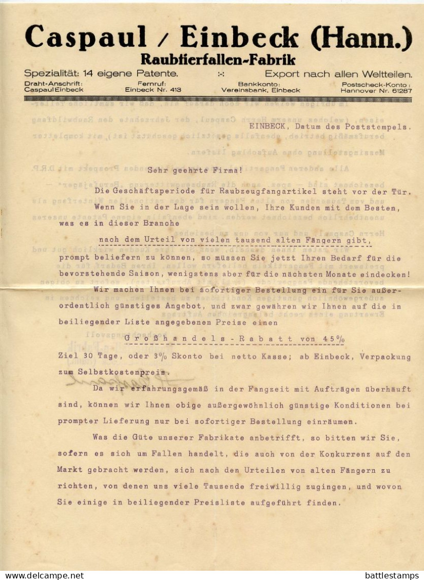 Germany 1927 Cover W/ Letter & Advertisement; Einbeck - Raubtierfallen-Fabrik Caspaul (Animal Traps); 5pf. Schiller X3 - Briefe U. Dokumente