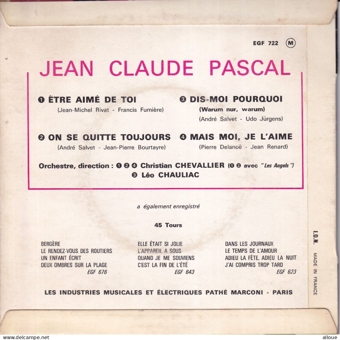 JEAN-CLAUDE PASCAL - FR EP - ETRE AIME DE TOI  + 3 - Other - French Music