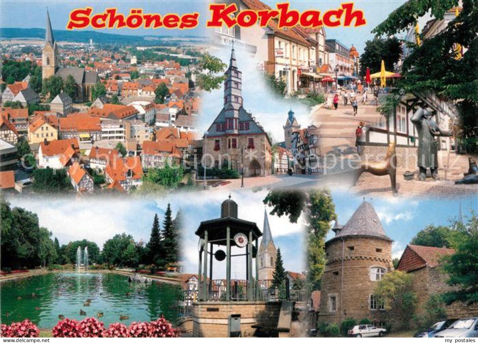 73214380 Korbach Stadtpanorama Rathaus Fussgaengerzone Skulpturen Freibad Turm K - Korbach