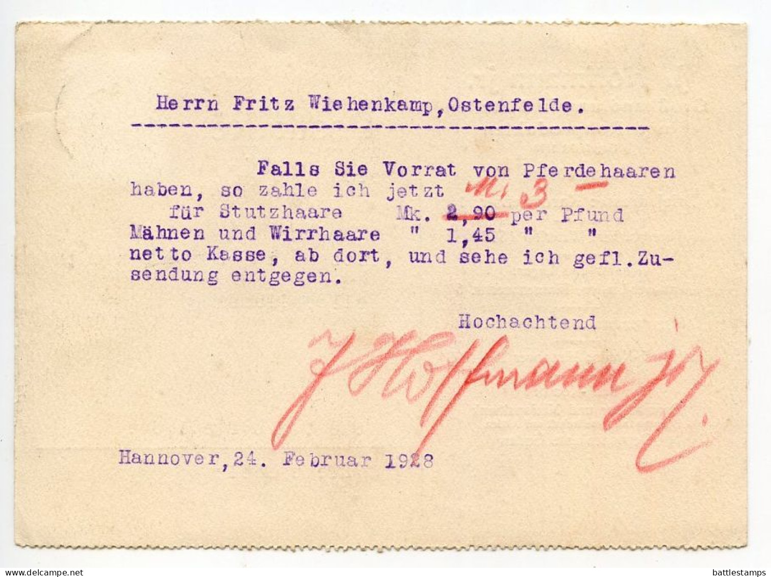 Germany 1928 Postcard; Hannover-Linden - J. Hoffman Jr, Großhandlung In Metallen Und Rohprodukten; 8pf. Beethoven - Brieven En Documenten