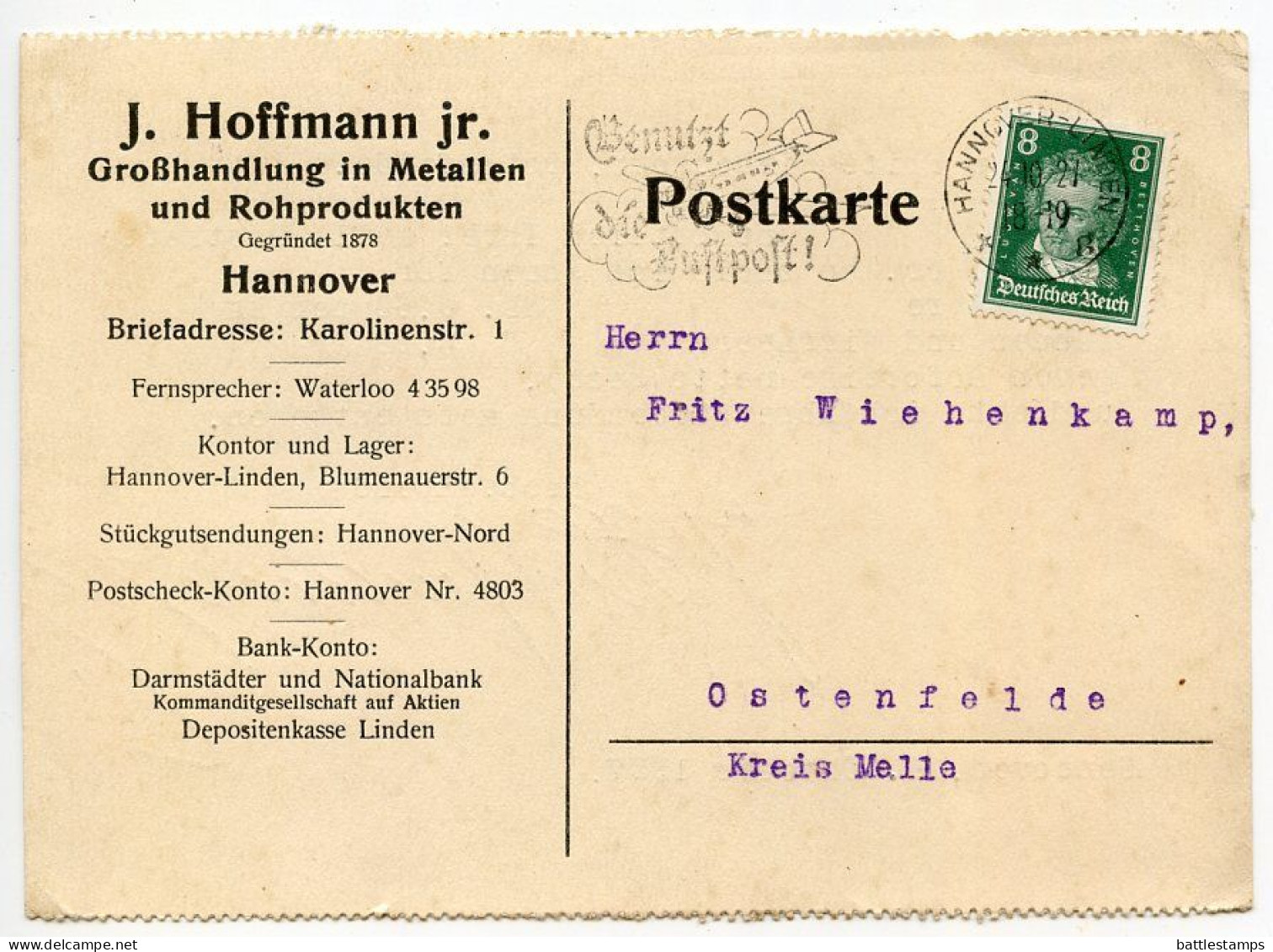 Germany 1927 Postcard; Hannover-Linden - J. Hoffman Jr, Großhandlung In Metallen Und Rohprodukten; 8pf. Beethoven - Cartas & Documentos