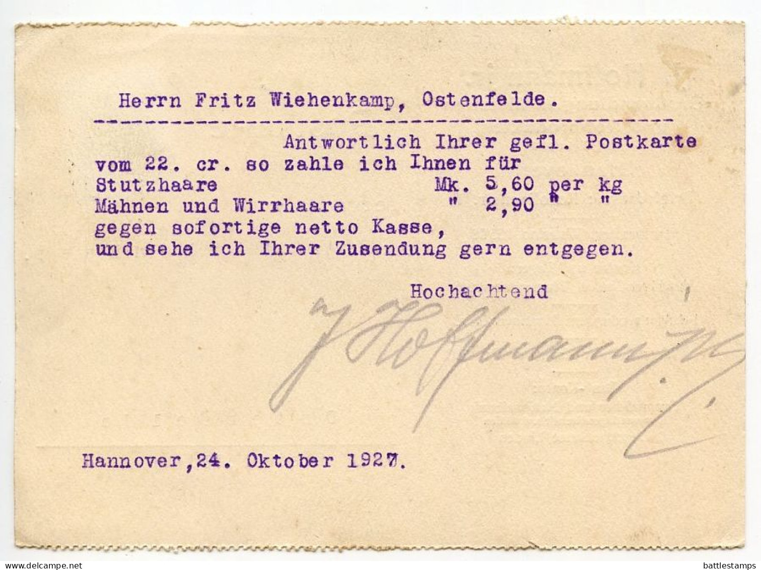 Germany 1927 Postcard; Hannover-Linden - J. Hoffman Jr, Großhandlung In Metallen Und Rohprodukten; 8pf. Beethoven - Brieven En Documenten