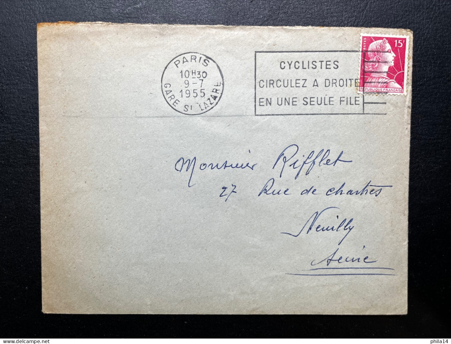 15f MARIANNE DE MULLER SUR ENVELOPPE / PARIS GARE SAINT LAZARE / 1955 POUR NEUILLY - 1921-1960: Moderne