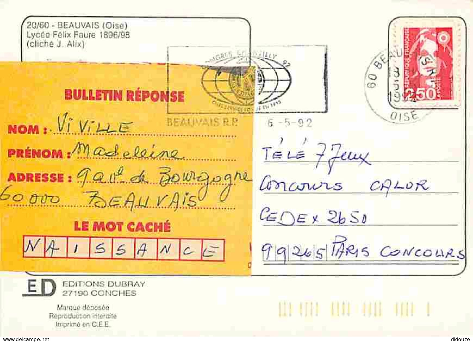 60 - Beauvais - Lycée Félix Faure - Automobiles - Flamme Postale - CPM - Voir Scans Recto-Verso - Beauvais