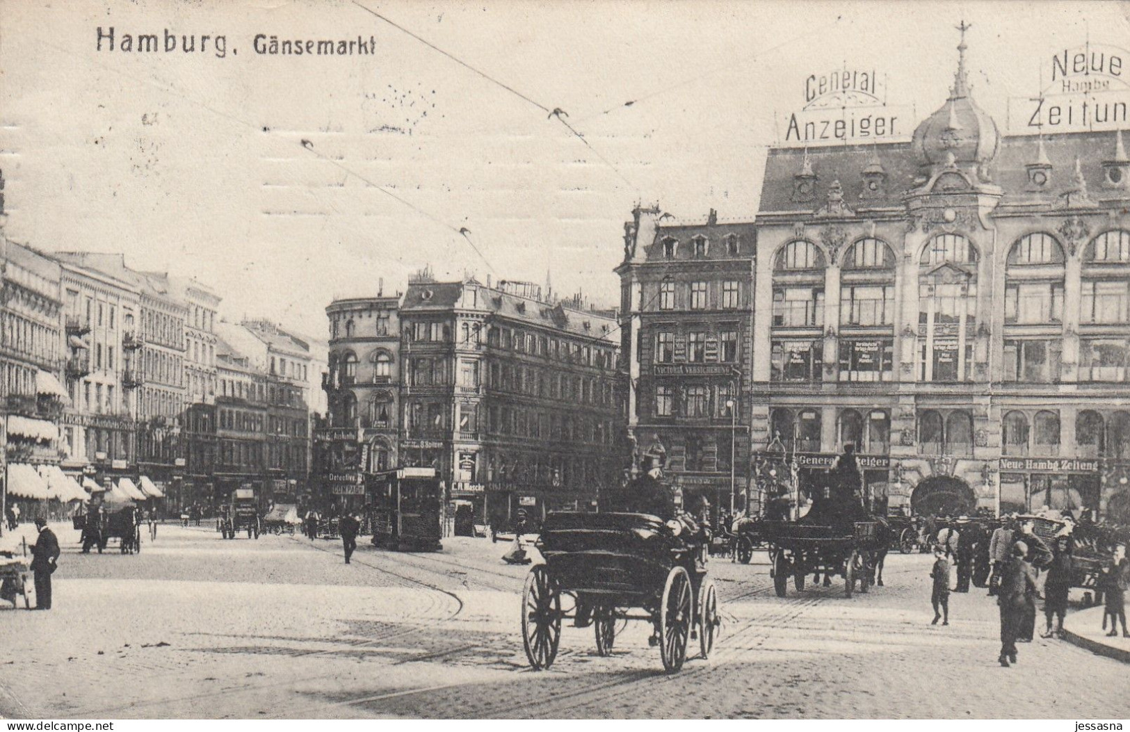 AK - (DE) HAMBURG - Reges Treiben Am Gänsemarkt - Strassenbahn - Pferdefuhrwerke - Vignette Deutscher Schulverein 1909 - Other & Unclassified