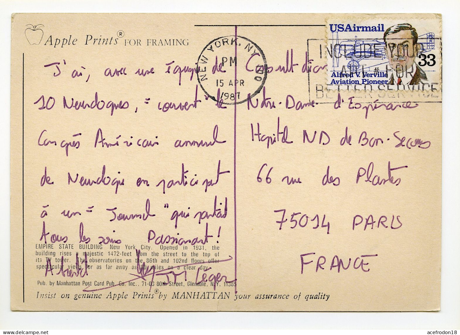 CP Postée De New York (USA) Pour Paris (75) - Empire State Building - Timbre Alfred V. Verville 1987 - Used Stamps