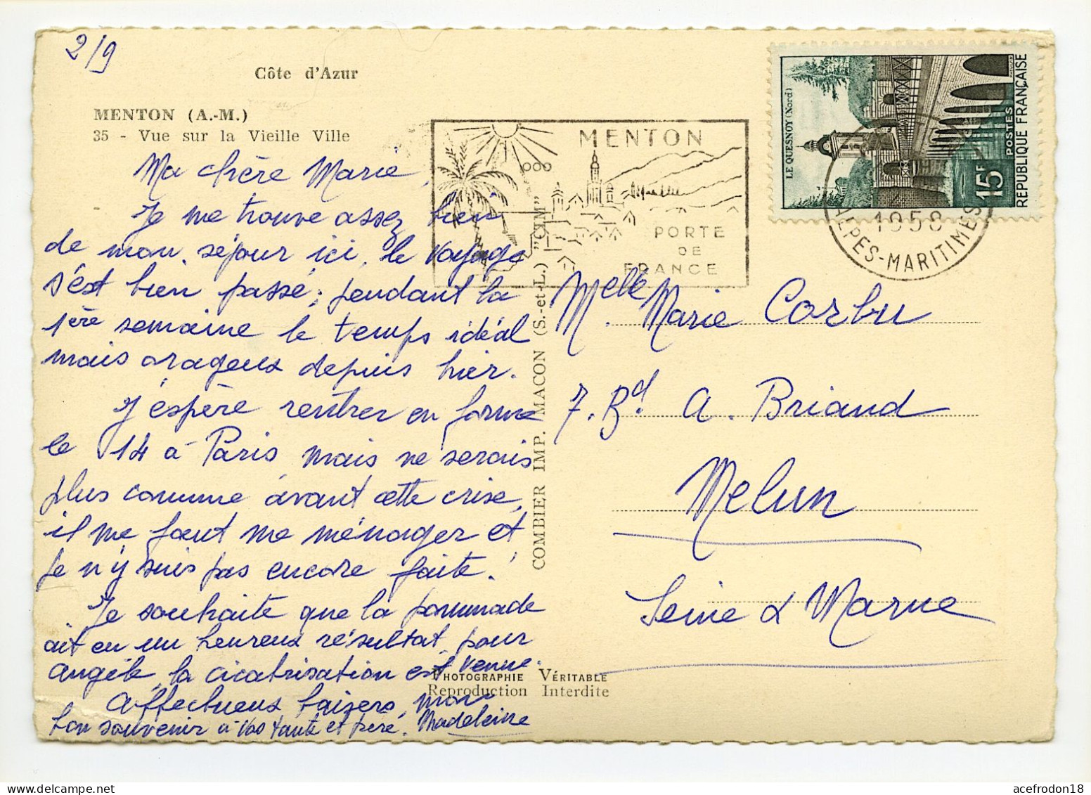 CP Postée De Menton (06) Pour Melun (77) - Vieille Ville - Timbre Le Quesnoy 1958 - Gebruikt