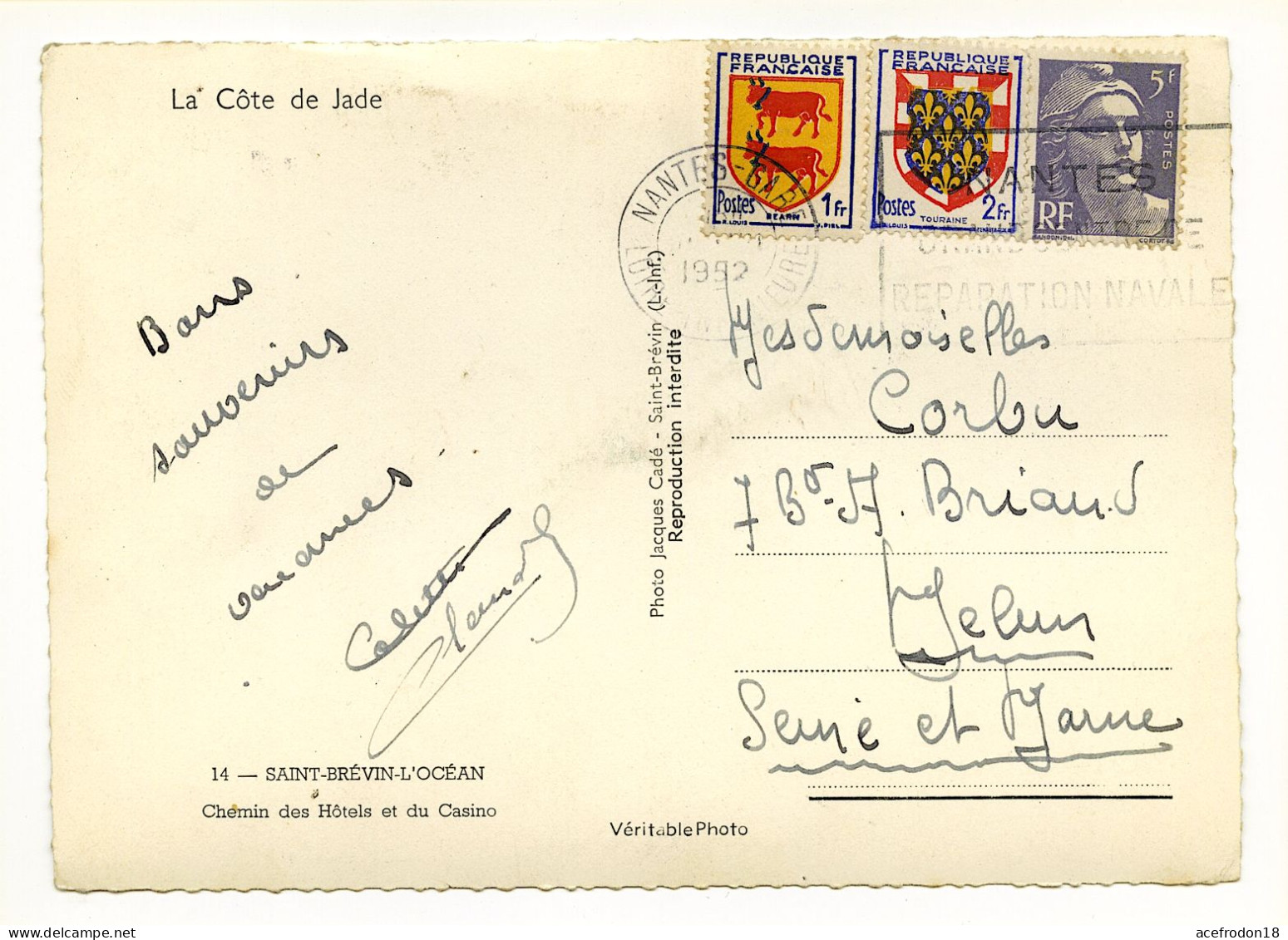 CP Postée De Nantes (44) Pour Melun (77) - Saint-Brevin - 3 Timbres Année 1952 - Gebruikt