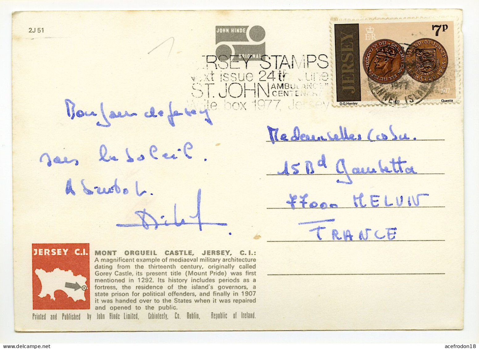 CP Postée De Jersey (Angleterre) Pour Melun (77) - Mont Orgueil Castle - Timbre 7p 1977 - Usati