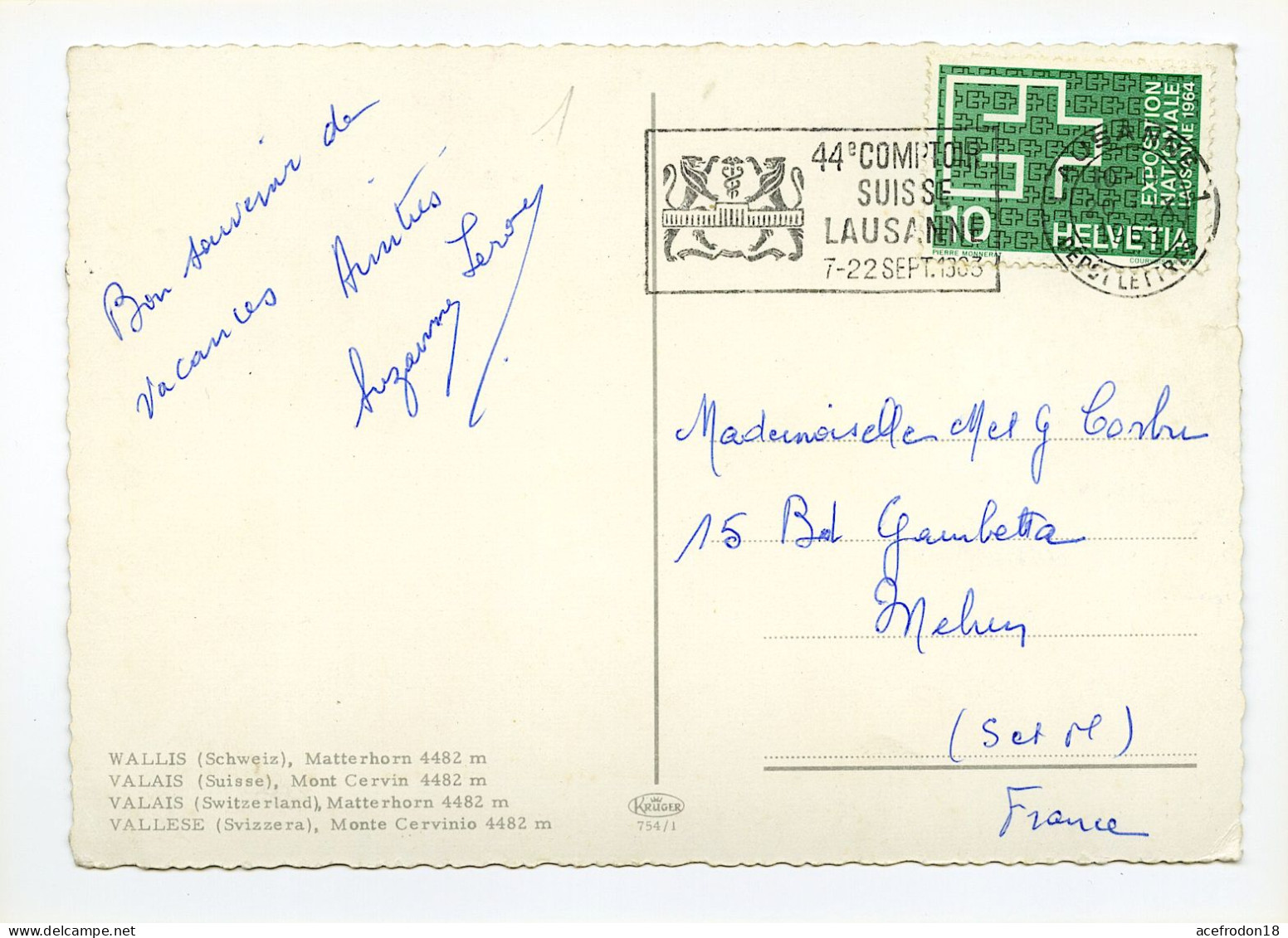 CP Postée De Lausanne (Suisse) Pour Melun - Mont Cervin - Timbre Lausanne Année 1964 - Gebruikt