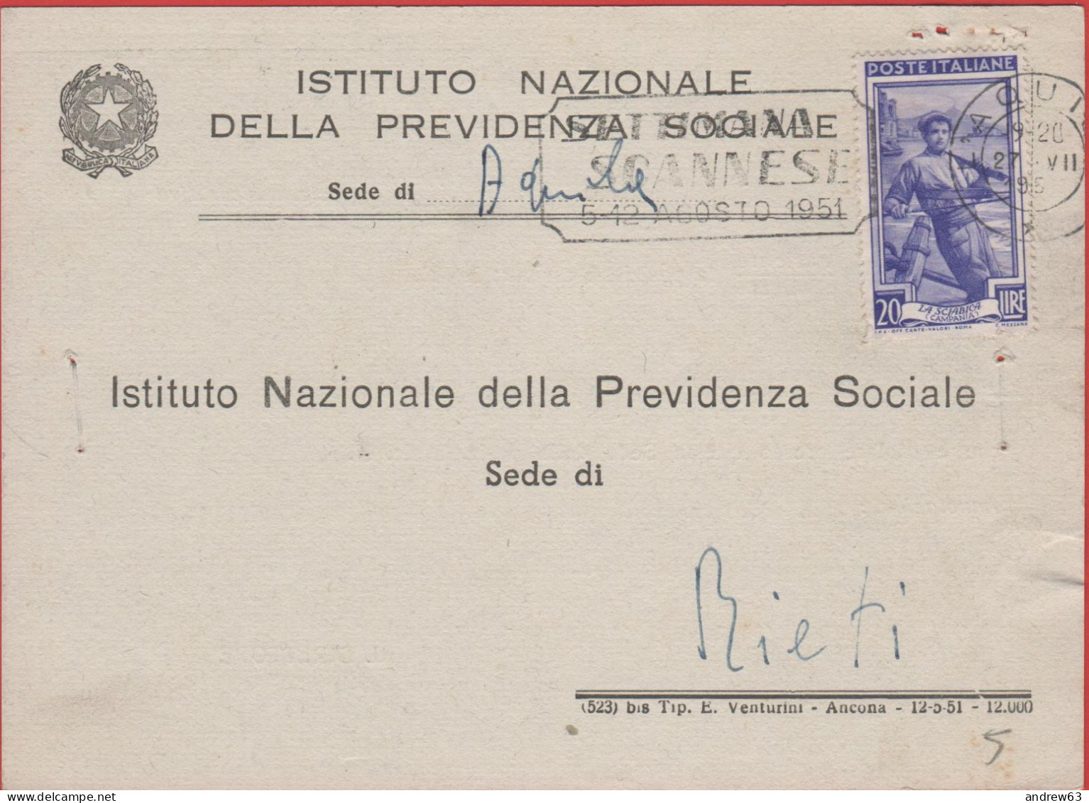 ITALIA - Storia Postale Repubblica - 1951 - 20 Italia Al Lavoro (Isolato) + Flamme Settimana Scannese - Cartolina - INPS - 1946-60: Storia Postale