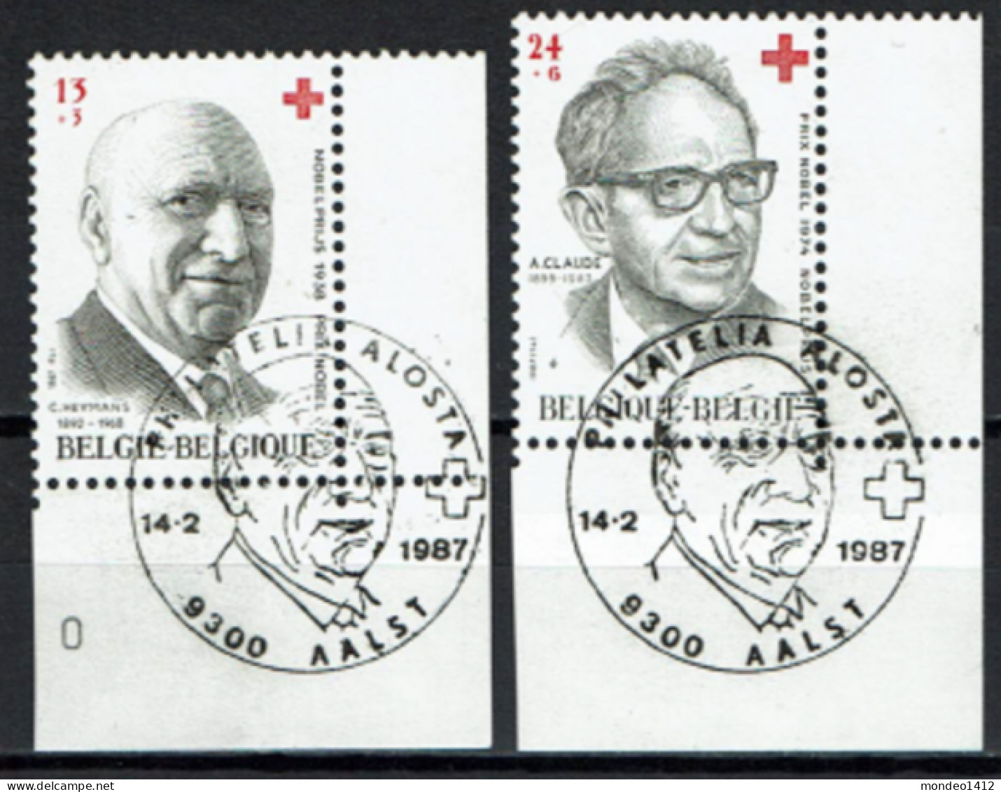 België 1987 OBP 2241/42 Rode Kruis Croix-Rouge, Corneel Heymans, Albert Claude - Physiologie, Médecine - Usati