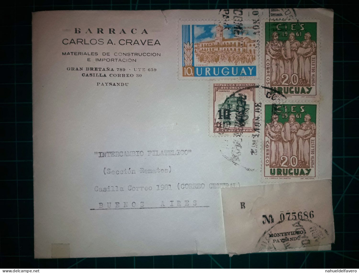 RÉPUBLIQUE D'URUGUAY ; Enveloppe De "Barraca Carlos A. Cravea" Distribuée à Buenos Aires, Argentine Avec Une Variété De - Uruguay