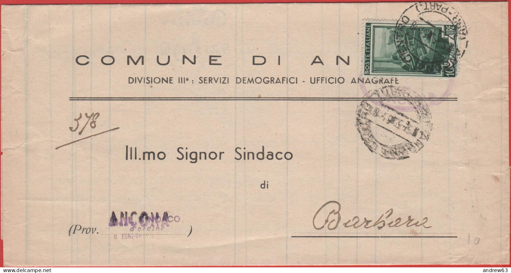 ITALIA - Storia Postale Repubblica - 1951 - 10 Italia Al Lavoro (Isolato) - Corrispondenza Tra Sindaci - Comune - Viaggi - 1946-60: Marcophilia