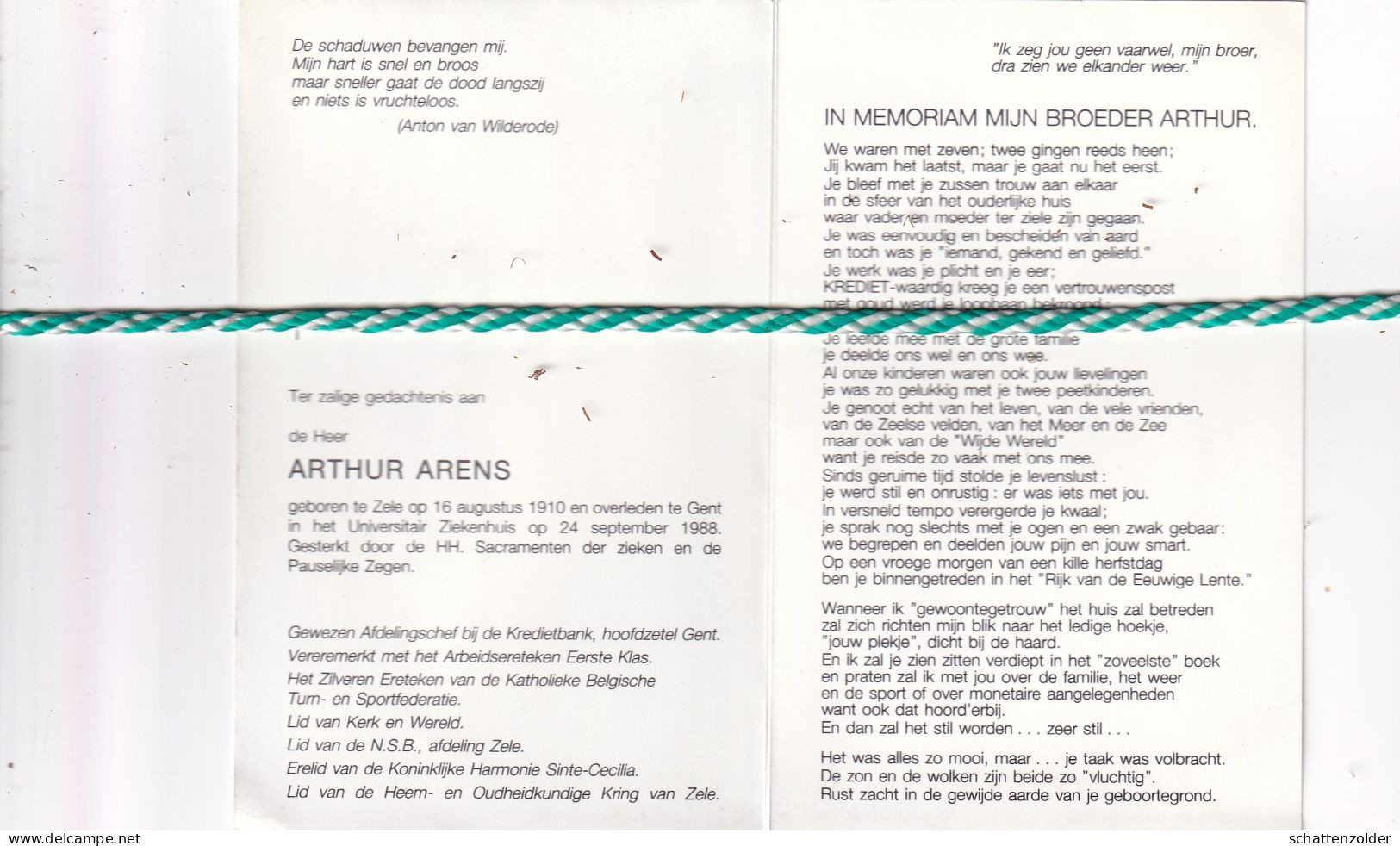 Arthur Arens, Zele 1910, Gent 1988. Foto - Décès